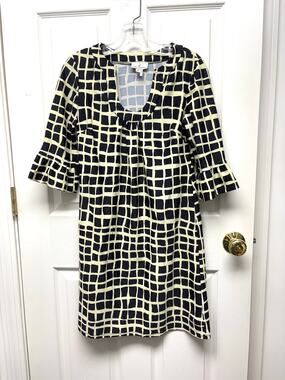 Jude Connally Dress Geometric Black Ivory Stretch 3/4 Sleeve Size S USA Made